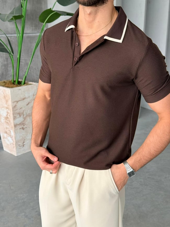 Düğmeli Polo Yaka Triko M - Kahverengi