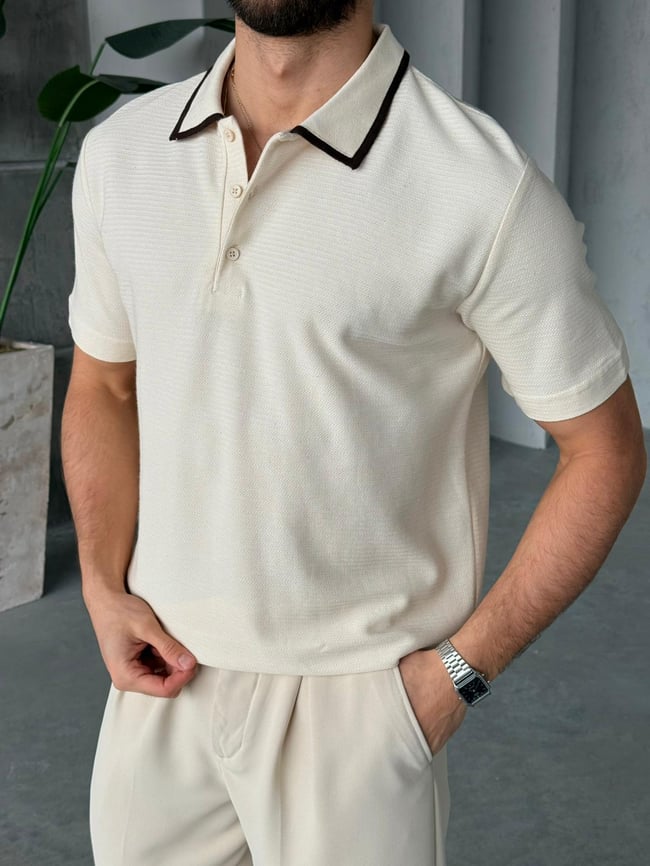 Düğmeli Polo Yaka Triko M - Krem