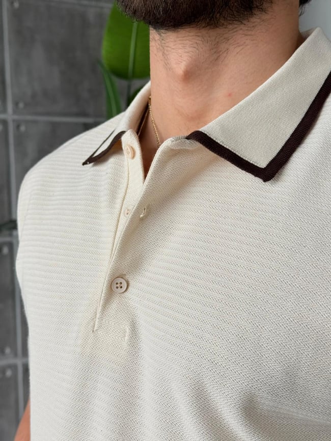 Düğmeli Polo Yaka Triko M - Krem