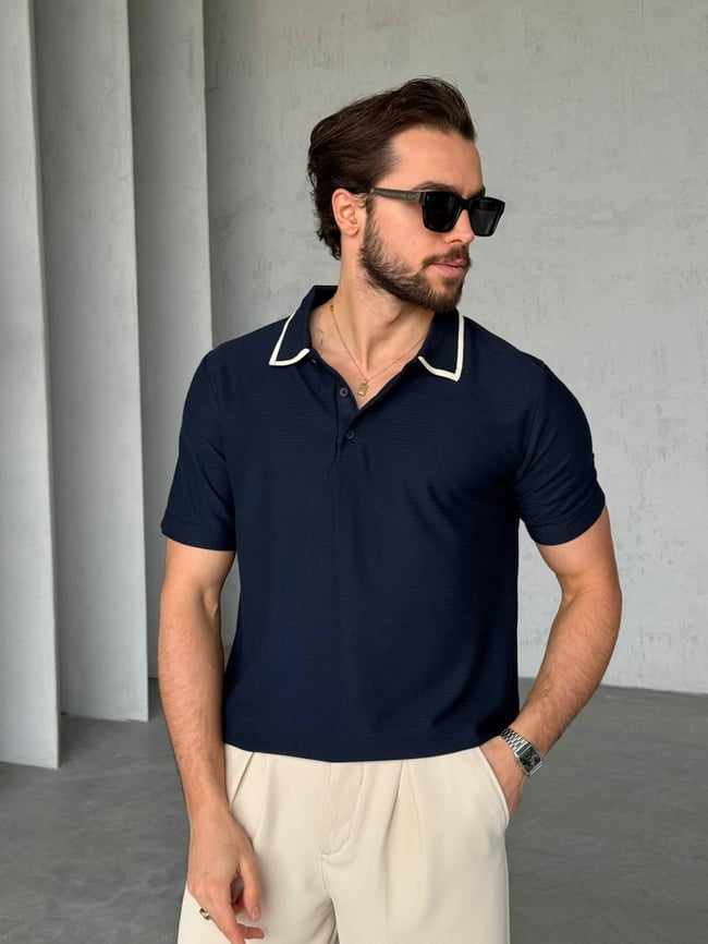 Düğmeli Polo Yaka Triko M - Lacivert