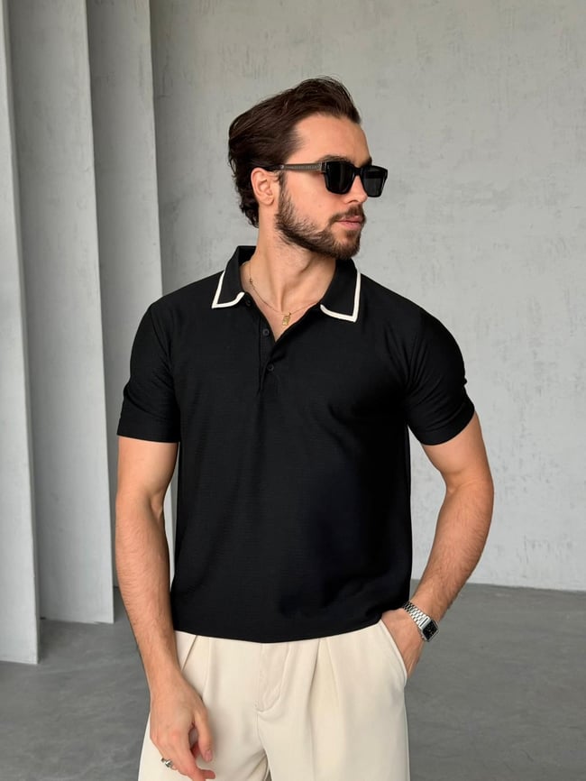 Düğmeli Polo Yaka Triko M - Siyah