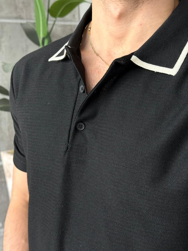 Düğmeli Polo Yaka Triko M - Siyah
