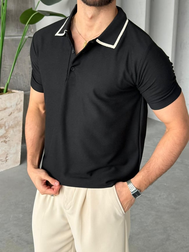Düğmeli Polo Yaka Triko M - Siyah