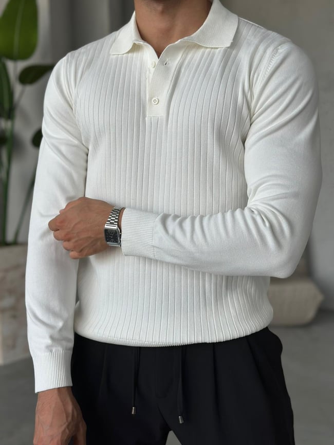 Düz Çizgili Polo Yaka Triko Beyaz