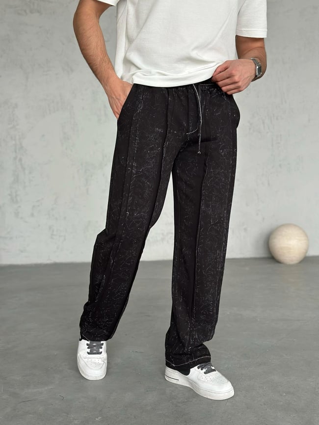 EF1352 Tasarım Yıkamalı Baggy Eşofman Siyah