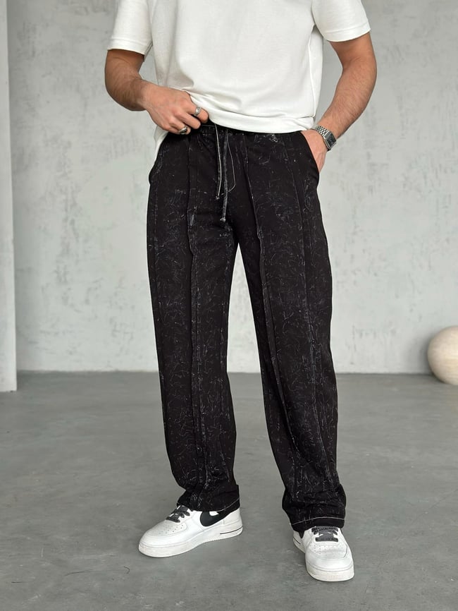 EF1352 Tasarım Yıkamalı Baggy Eşofman Siyah