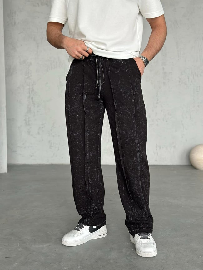 EF1352 Tasarım Yıkamalı Baggy Eşofman Siyah