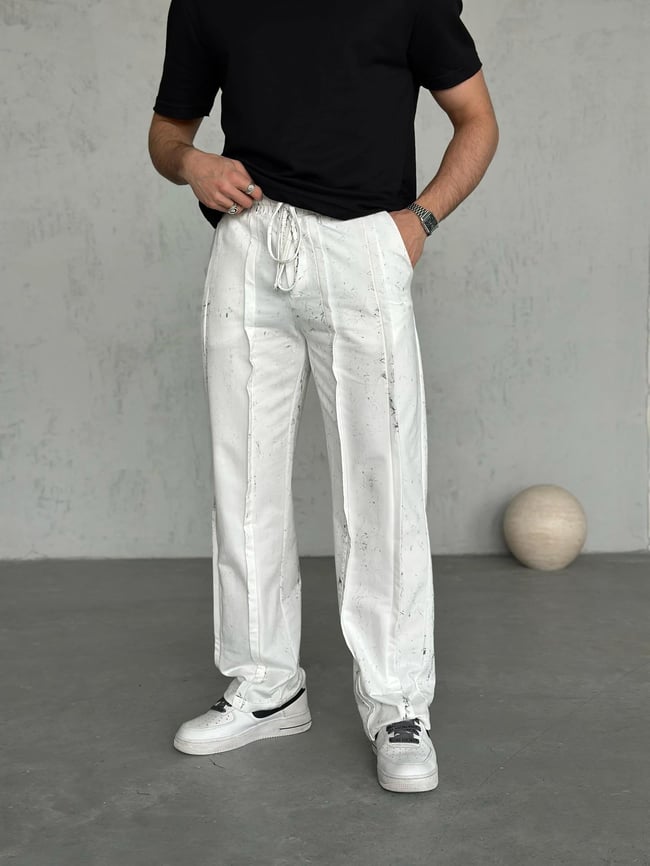 EF1354 Tasarım Yıkamalı Baggy Eşofman Beyaz