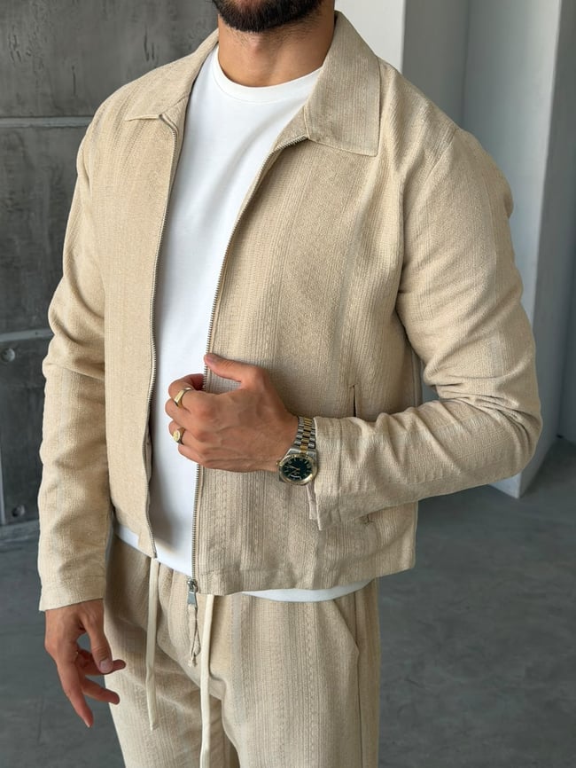 Etnik Desen Fermuarlı Takım M Bej