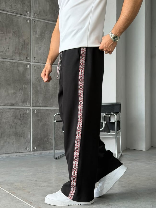 Etnik Desen Şeritli Tasarım Baggy Eşofman Siyah
