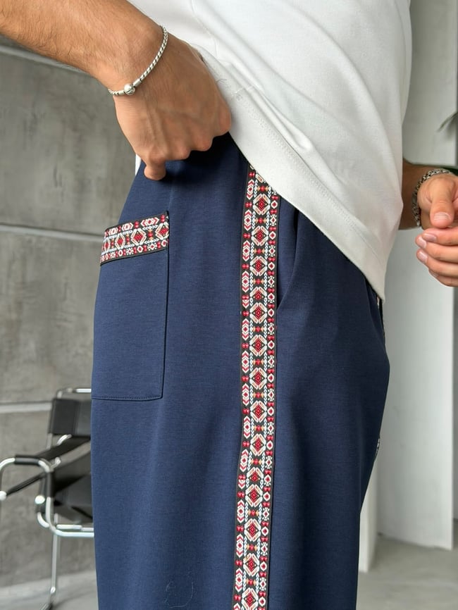 Etnik Desen Şeritli Tasarım Baggy Eşofman Lacivert