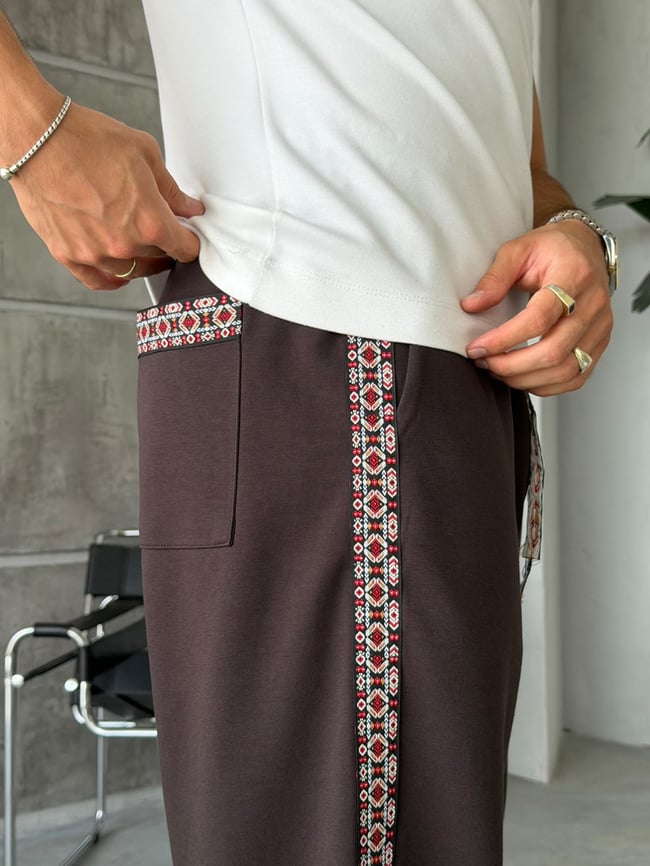 Etnik Desen Şeritli Tasarım Baggy Eşofman Kahverengi