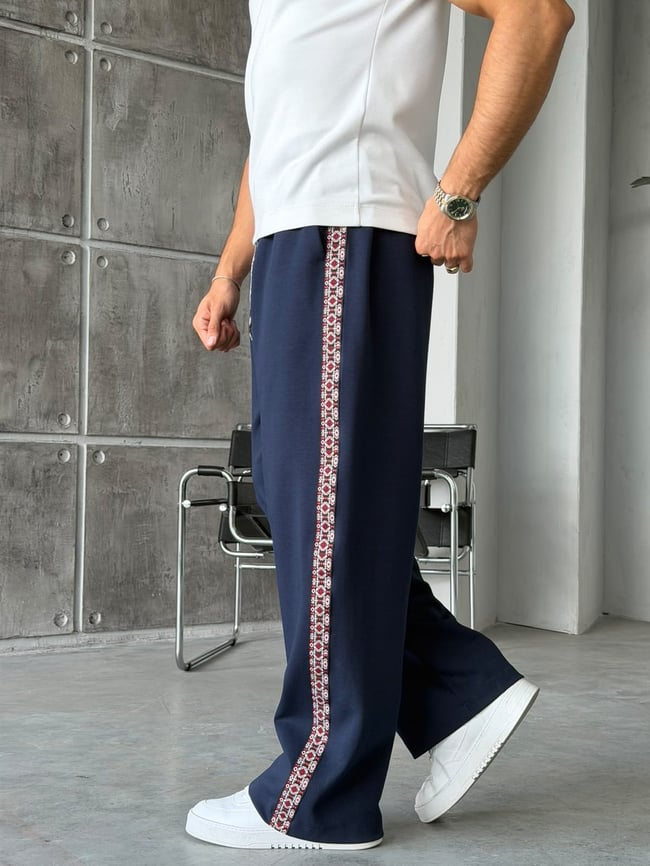 Etnik Desen Şeritli Tasarım Baggy Eşofman Lacivert