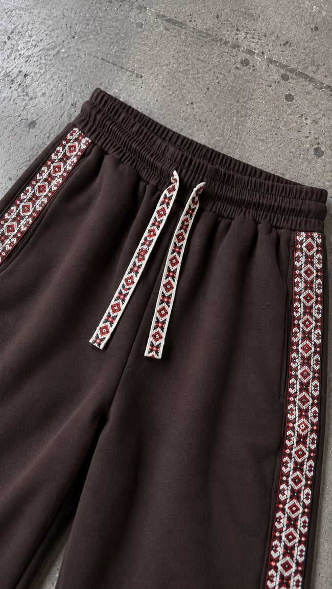 Etnik Desen Şeritli Tasarım Baggy Eşofman Kahverengi