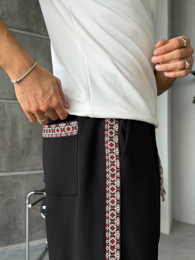 Etnik Desen Şeritli Tasarım Baggy Eşofman Siyah