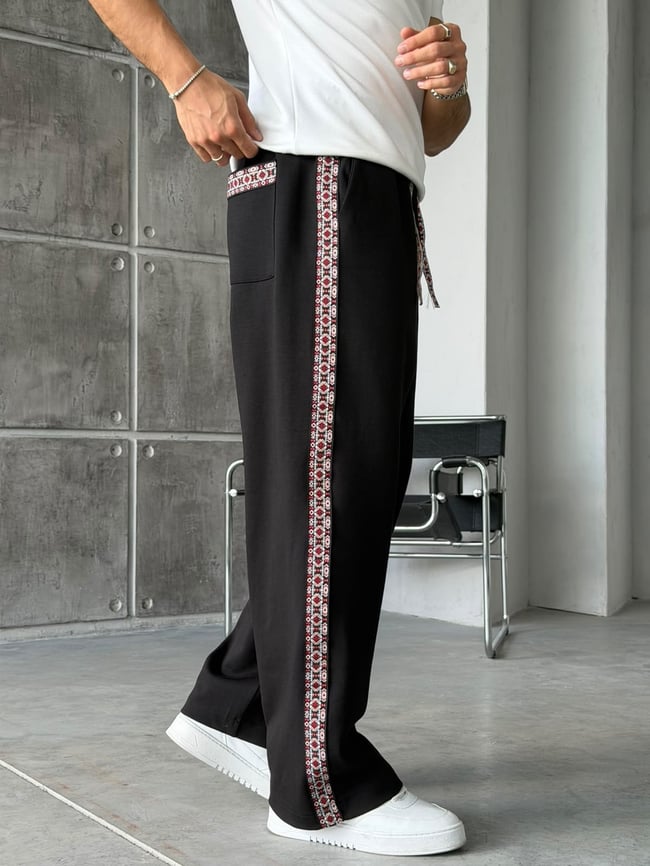 Etnik Desen Şeritli Tasarım Baggy Eşofman Siyah