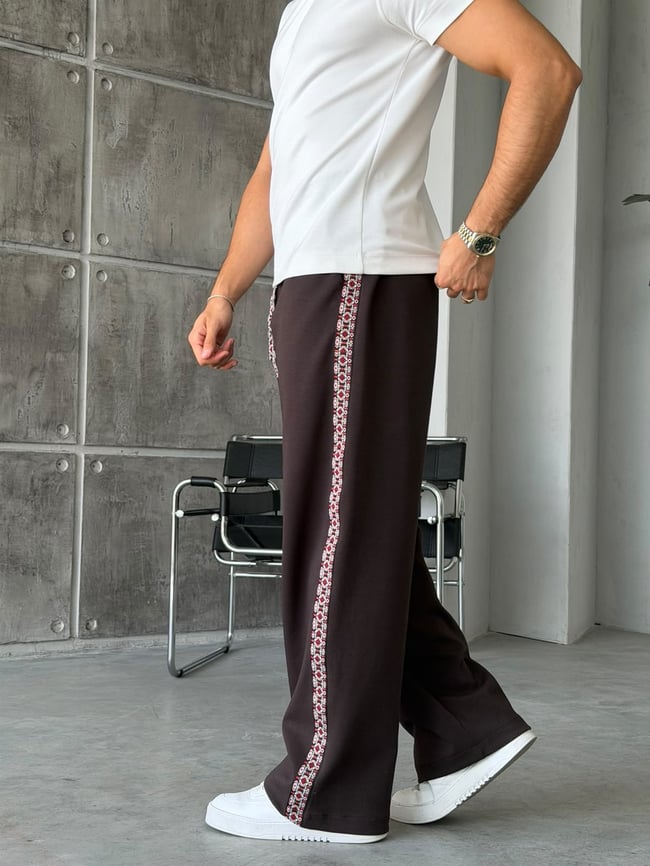 Etnik Desen Şeritli Tasarım Baggy Eşofman Kahverengi