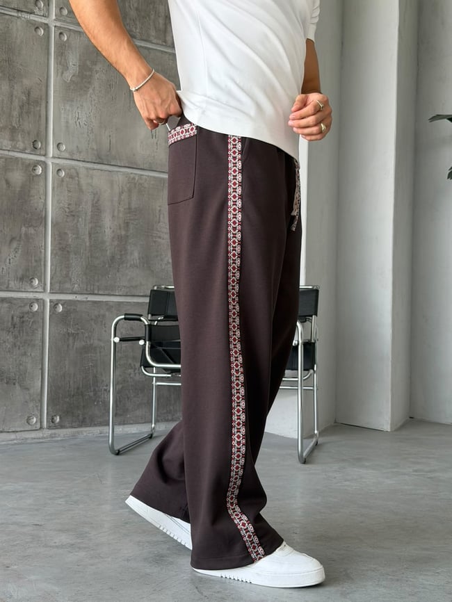 Etnik Desen Şeritli Tasarım Baggy Eşofman Kahverengi