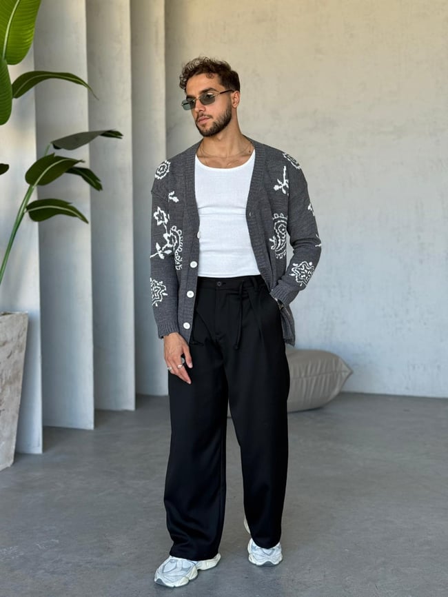 Etnik Desenli Örme Hırka Gri