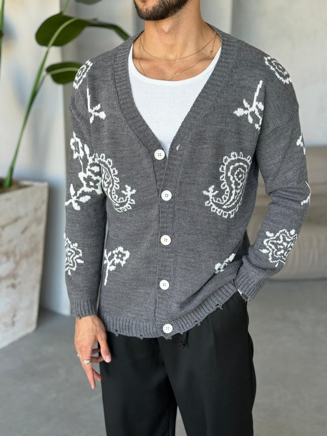 Etnik Desenli Örme Hırka Gri