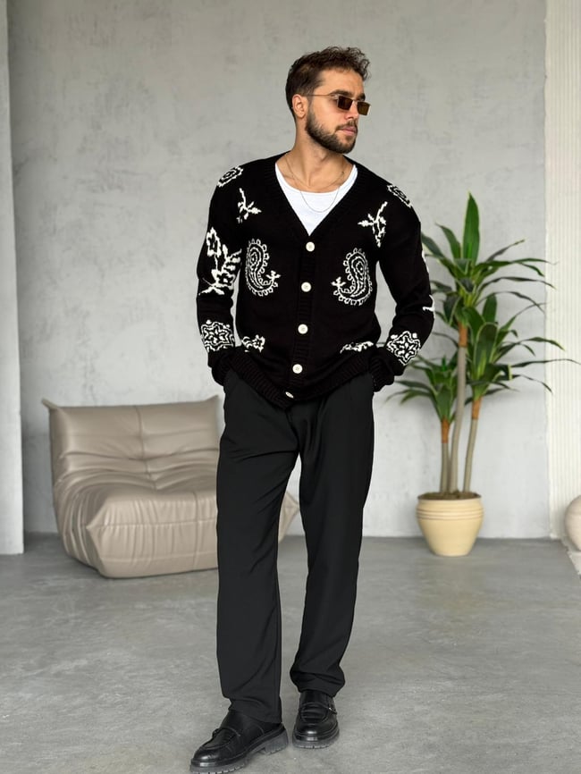 Etnik Desenli Örme Hırka siyah