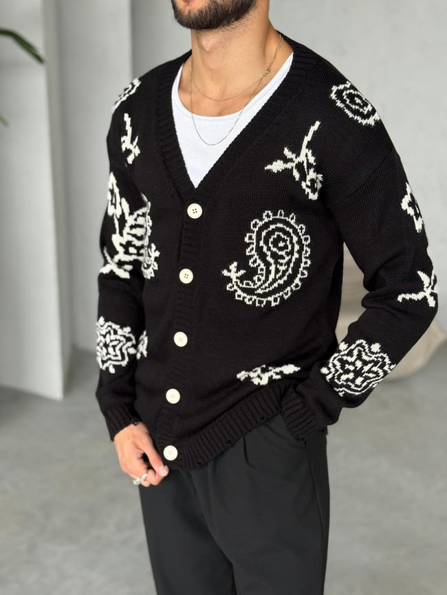 Etnik Desenli Örme Hırka siyah