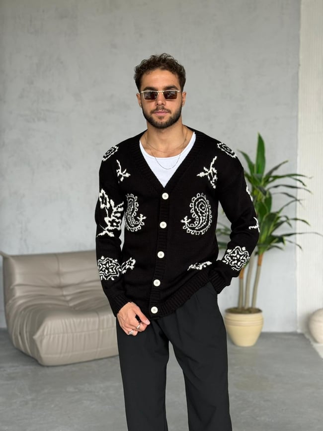 Etnik Desenli Örme Hırka siyah