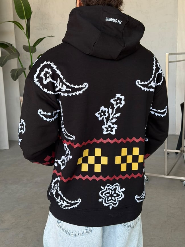 Etnik Desenli Oversize Kapüşonlu Sweat T Siyah