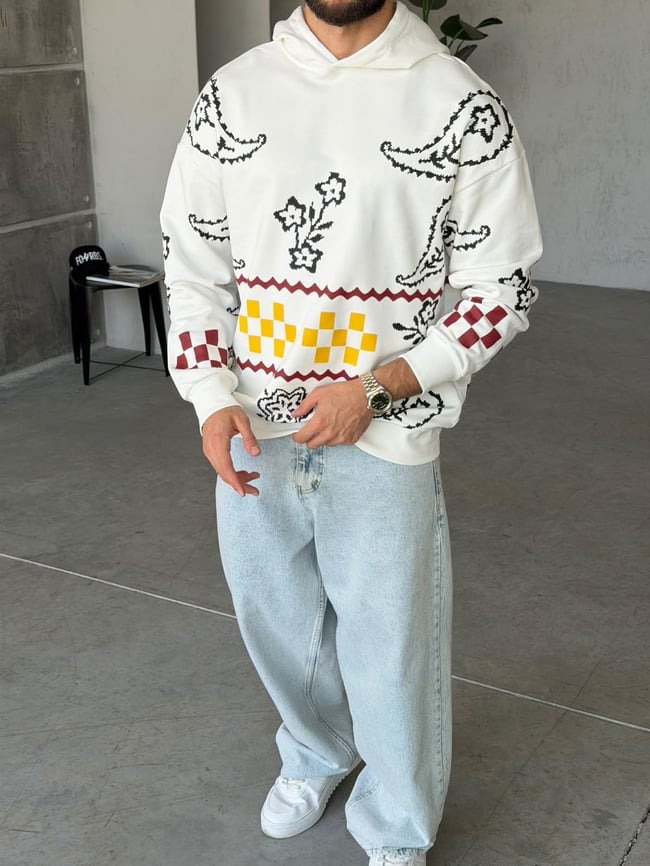 Etnik Desenli Oversize Kapüşonlu Sweat T Beyaz
