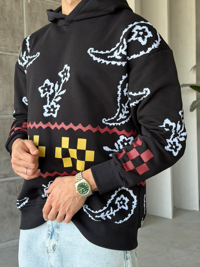 Etnik Desenli Oversize Kapüşonlu Sweat T Siyah