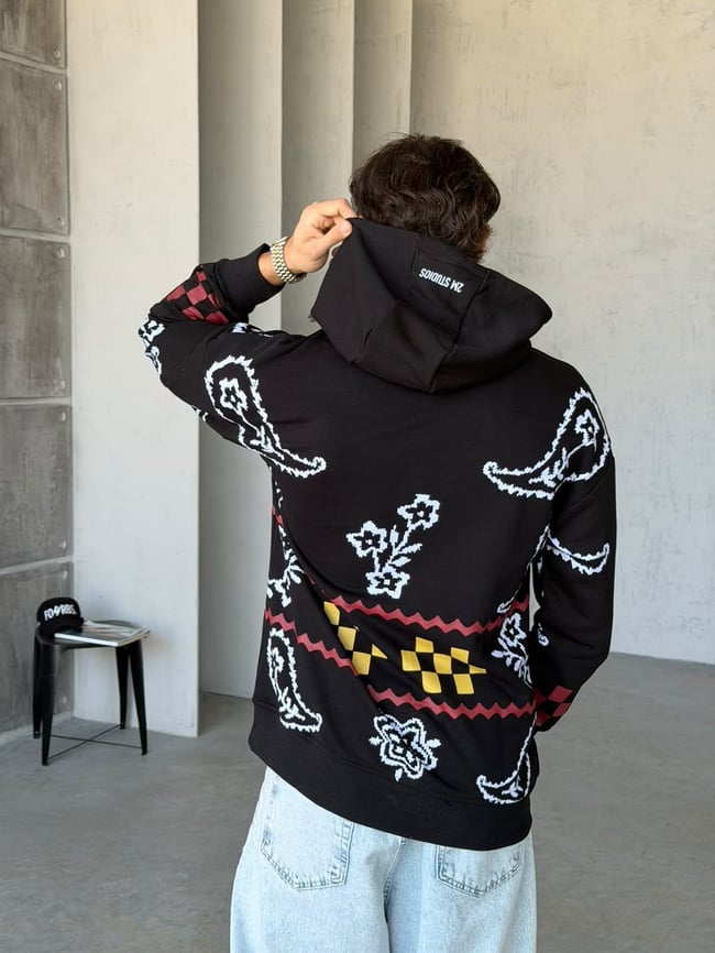 Etnik Desenli Oversize Kapüşonlu Sweat T Siyah