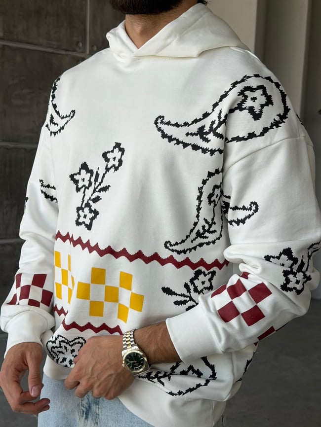 Etnik Desenli Oversize Kapüşonlu Sweat T Beyaz