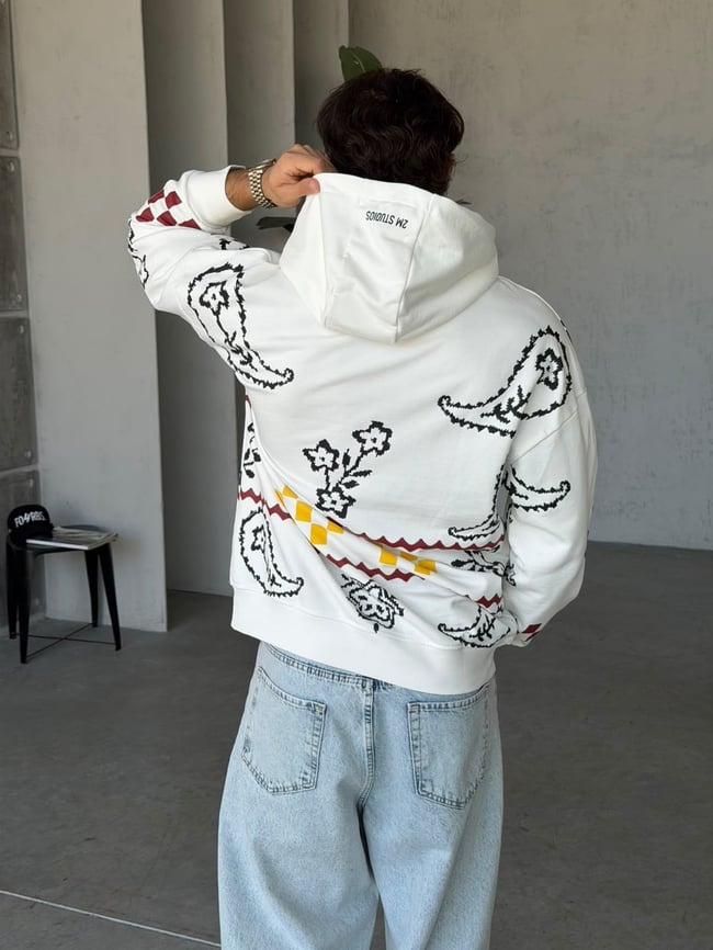 Etnik Desenli Oversize Kapüşonlu Sweat T Beyaz