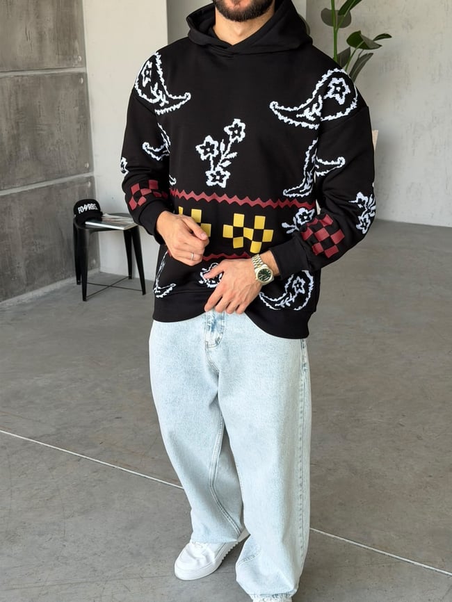 Etnik Desenli Oversize Kapüşonlu Sweat T Siyah