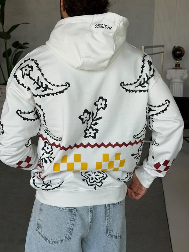 Etnik Desenli Oversize Kapüşonlu Sweat T Beyaz