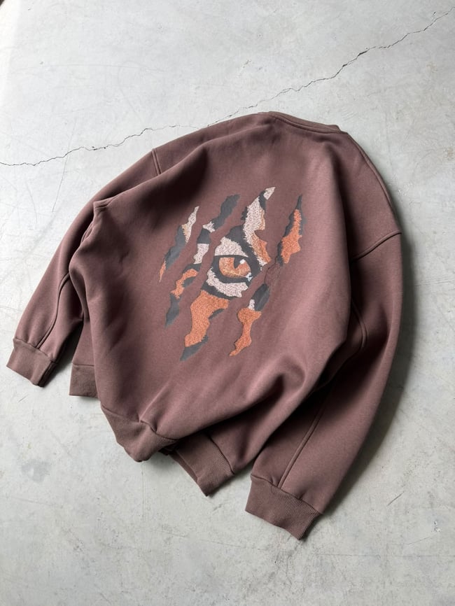 Eyes Baskılı Oversize 3 İplik Bisiklet Yaka Sweat Kahverengi