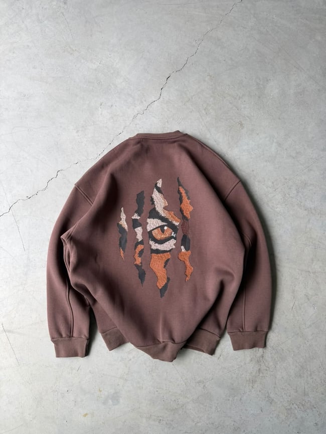 Eyes Baskılı Oversize 3 İplik Bisiklet Yaka Sweat Kahverengi