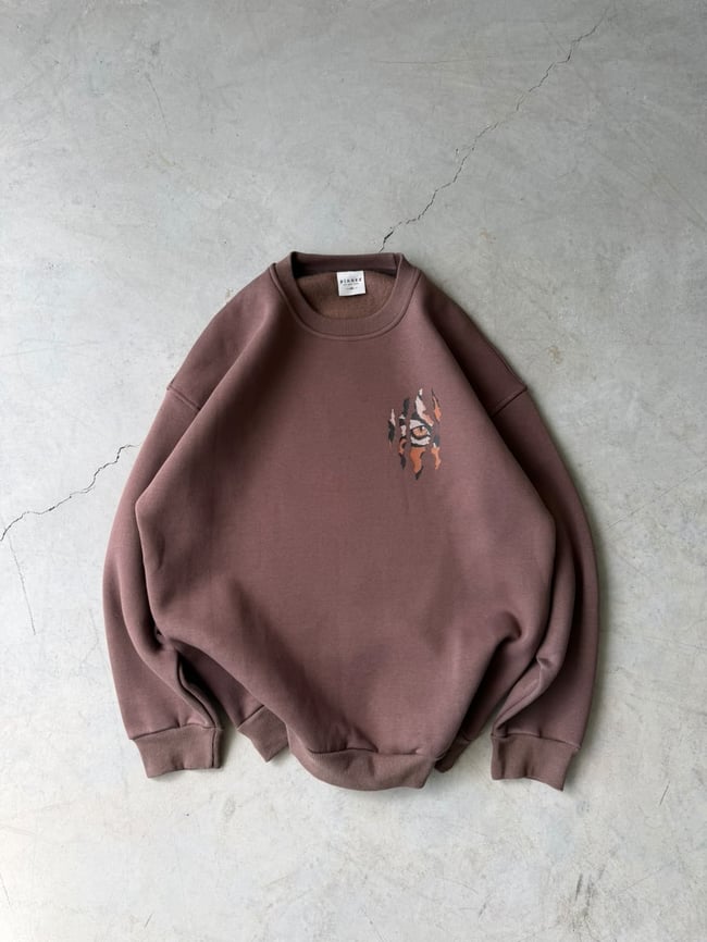 Eyes Baskılı Oversize 3 İplik Bisiklet Yaka Sweat Kahverengi