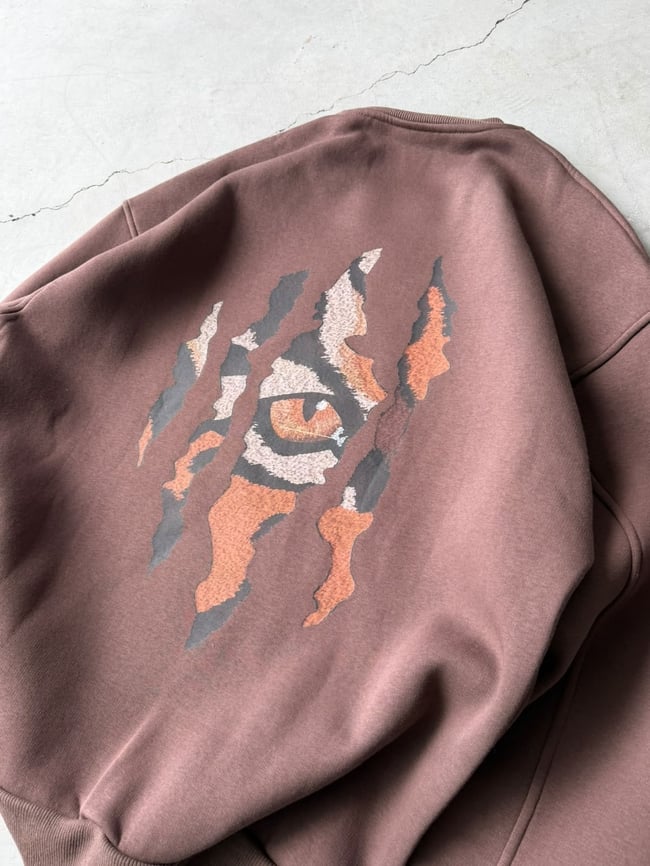 Eyes Baskılı Oversize 3 İplik Bisiklet Yaka Sweat Kahverengi