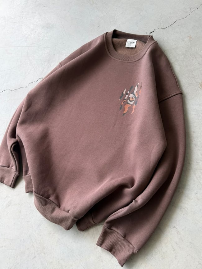 Eyes Baskılı Oversize 3 İplik Bisiklet Yaka Sweat Kahverengi