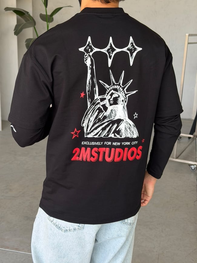 Eyfel Baskılı Yıkamalı Çift Kol Oversize Sweat T Siyah