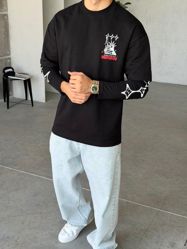 Eyfel Baskılı Yıkamalı Çift Kol Oversize Sweat T Siyah
