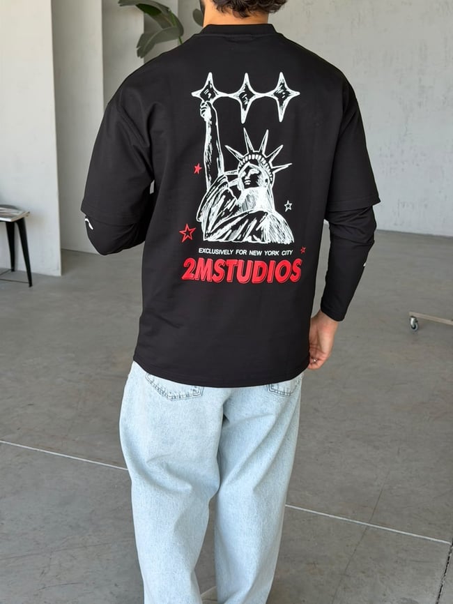 Eyfel Baskılı Yıkamalı Çift Kol Oversize Sweat T Siyah