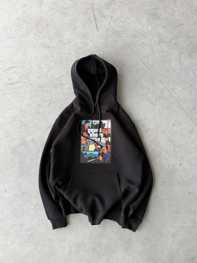 Fathers Baskılı Oversize 3 İplik Kapüşonlu Sweat Siyah
