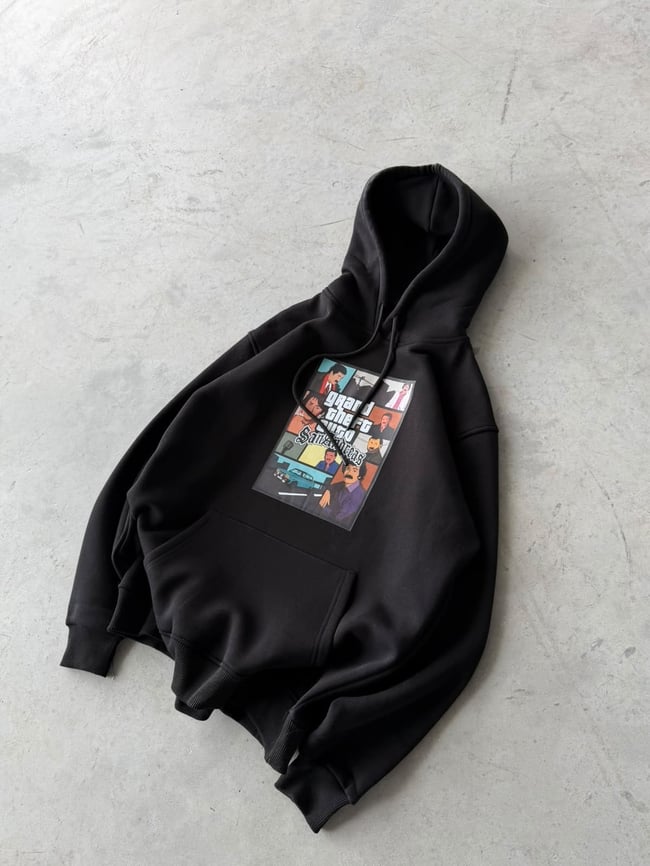 Fathers Baskılı Oversize 3 İplik Kapüşonlu Sweat Siyah