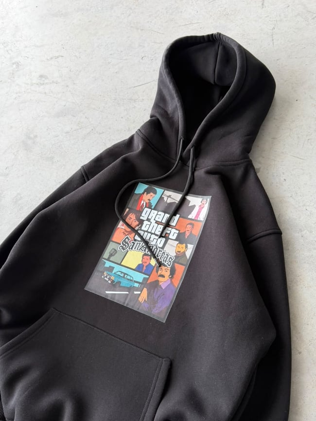 Fathers Baskılı Oversize 3 İplik Kapüşonlu Sweat Siyah