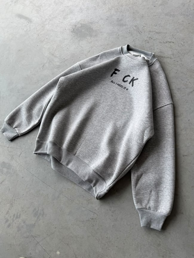 Fck Baskılı Oversize 3 İplik Bisiklet Yaka Sweat Grimelange