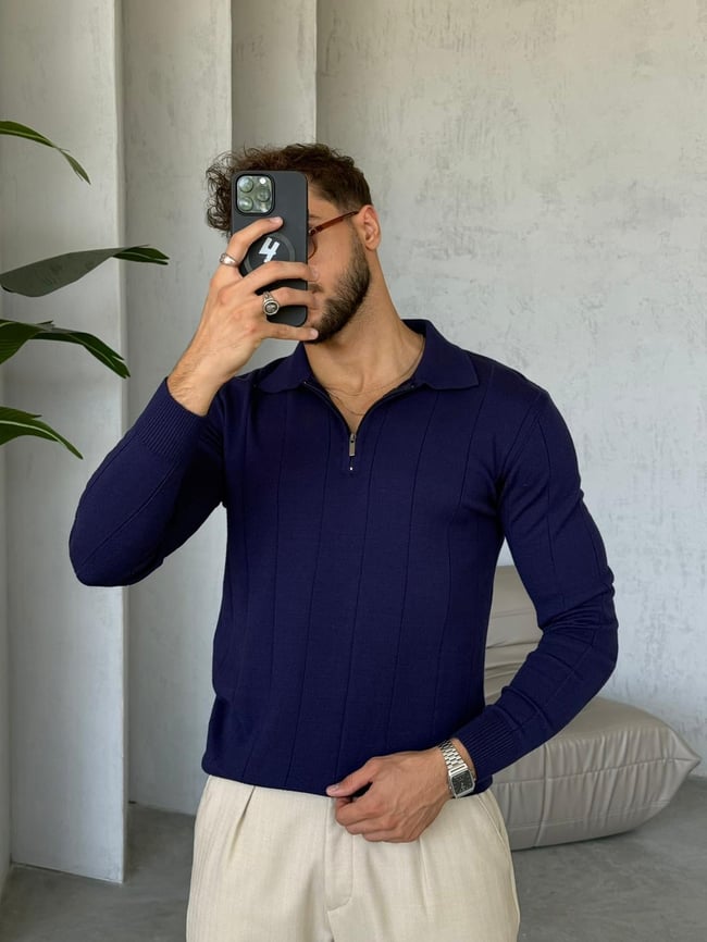 Fermuarlı Düz Çizgi Polo Yaka Triko Laci K
