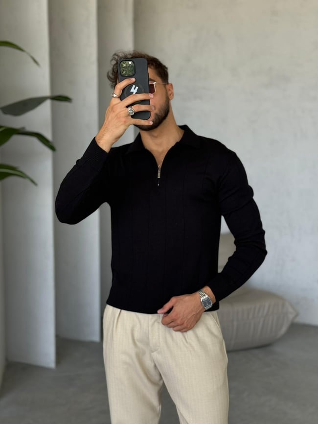 Fermuarlı Düz Çizgi Polo Yaka Triko Siyah K