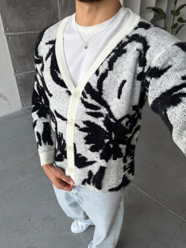 Fırça Desenli Oversize Triko Hırka – Ekru Siyah  T